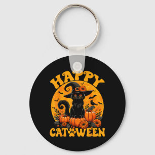 Funny Black Cat Pumpkin Witch Kitten Full Moon Keychain
