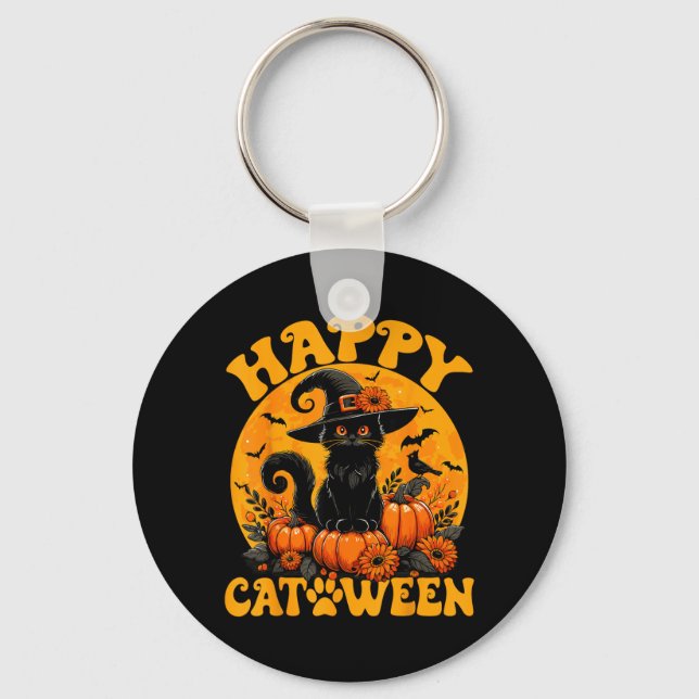 Funny Black Cat Pumpkin Witch Kitten Full Moon Keychain (Front)
