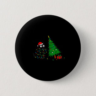 Funny Black Cat Pushing 67 Christmas Tree Over Cat 2 Inch Round Button