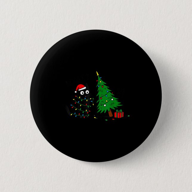 Funny Black Cat Pushing 67 Christmas Tree Over Cat 2 Inch Round Button (Front)