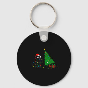 Funny Black Cat Pushing 67 Christmas Tree Over Cat Keychain