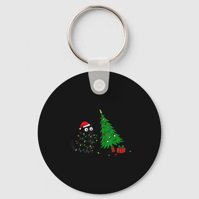 Funny Black Cat Pushing 67 Christmas Tree Over Cat Keychain (Front)