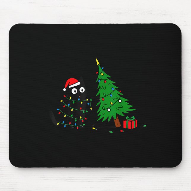 Funny Black Cat Pushing 67 Christmas Tree Over Cat Mouse Pad (Front)