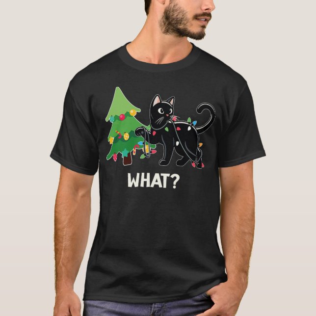 Funny Black Cat Pushing Christmas Tree Cat Lover X T-Shirt (Front)