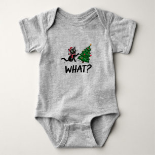 Funny Black Cat Pushing Christmas Tree Cat What? Baby Bodysuit