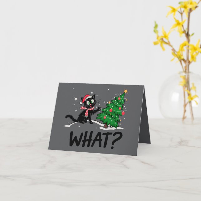 Funny Black Cat Pushing Christmas Tree Cat What? Card (Yellow Flower)