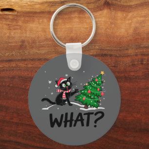 Funny Black Cat Pushing Christmas Tree Cat What? Keychain