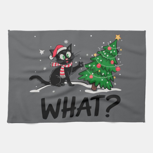 Funny Black Cat Pushing Christmas Tree Cat What? Kitchen Towel (Horizontal)