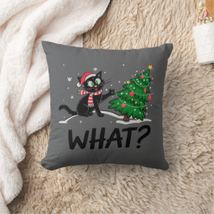 Funny Black Cat Pushing Christmas Tree Cat What? Throw Pillow