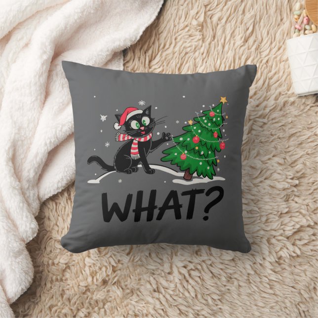 Funny Black Cat Pushing Christmas Tree Cat What? Throw Pillow (Blanket)