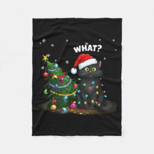 Funny Black Cat Pushing Christmas Tree  Fleece Blanket