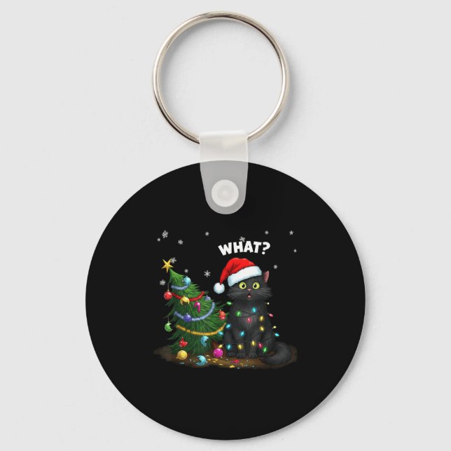 Funny Black Cat Pushing Christmas Tree  Keychain (Front)