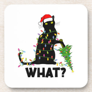 Funny Black Cat Pushing Christmas Tree Over Cat Ch Coaster