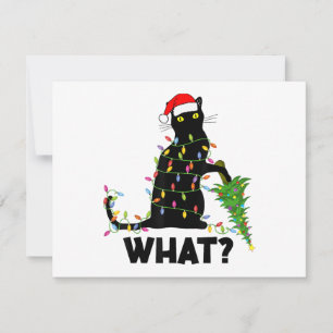 Funny Black Cat Pushing Christmas Tree Over Cat Ch Holiday Card