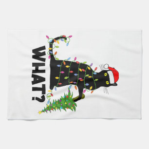 Funny Black Cat Pushing Christmas Tree Over Cat Ch Kitchen Towel