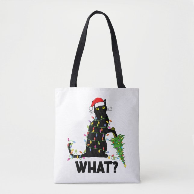 Funny Black Cat Pushing Christmas Tree Over Cat Ch Tote Bag (Front)