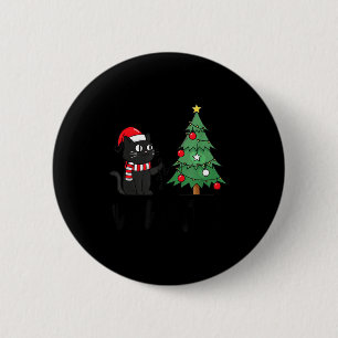 Funny Black Cat Pushing Christmas Tree Over Cat Wh 2 Inch Round Button