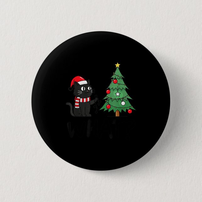 Funny Black Cat Pushing Christmas Tree Over Cat Wh 2 Inch Round Button (Front)