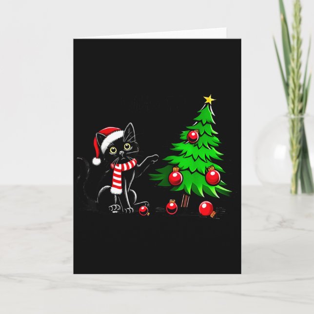 Funny Black Cat Pushing Christmas Tree Over Cat Wh Card (Front)