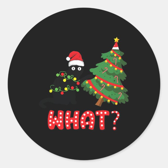 Funny Black Cat Pushing Christmas Tree Over Cat Wh Classic Round Sticker (Front)