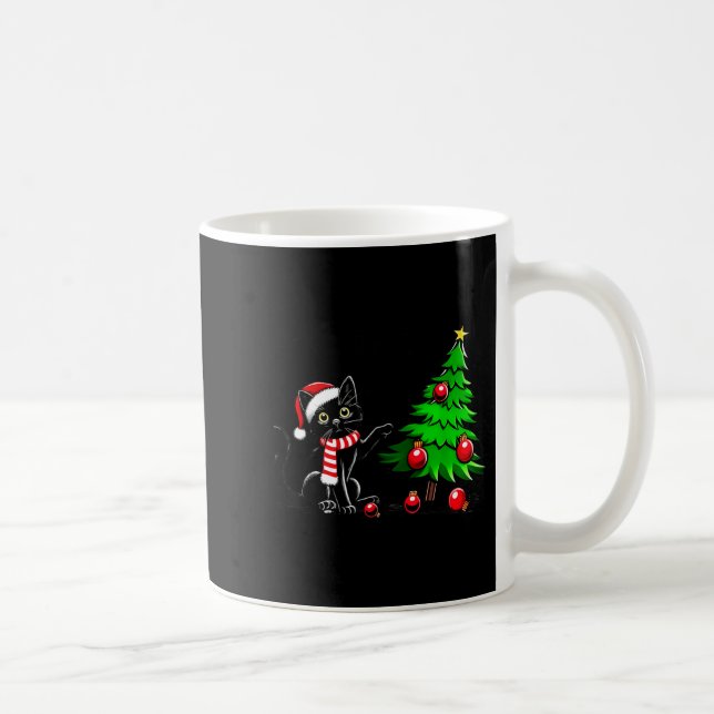 Funny Black Cat Pushing Christmas Tree Over Cat Wh Coffee Mug (Right)