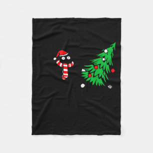 Funny Black Cat Pushing Christmas Tree Over Cat Wh Fleece Blanket