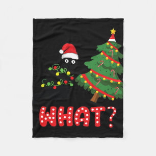 Funny Black Cat Pushing Christmas Tree Over Cat Wh Fleece Blanket