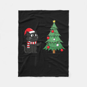 Funny Black Cat Pushing Christmas Tree Over Cat Wh Fleece Blanket
