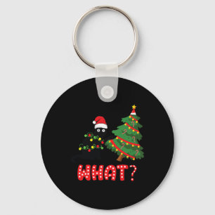 Funny Black Cat Pushing Christmas Tree Over Cat Wh Keychain