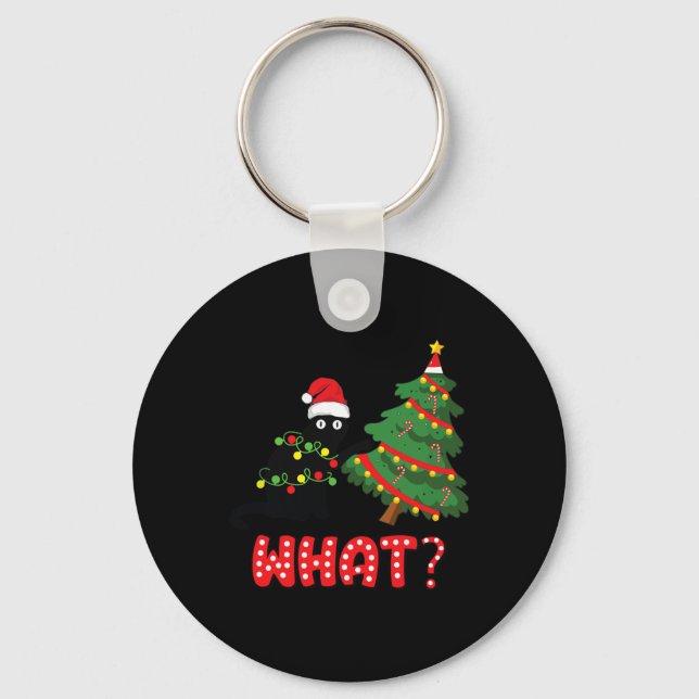Funny Black Cat Pushing Christmas Tree Over Cat Wh Keychain (Front)