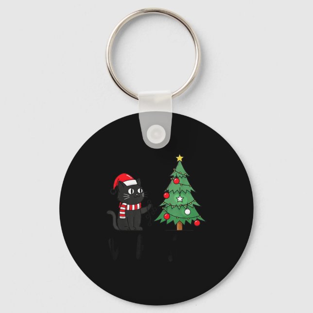 Funny Black Cat Pushing Christmas Tree Over Cat Wh Keychain (Front)