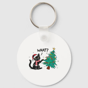 Funny Black Cat Pushing Christmas Tree Over Cat Wh Keychain