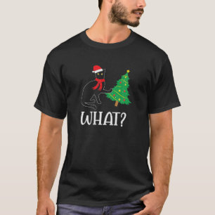 Funny Black Cat Pushing Christmas Tree Over Cat Wh T-Shirt
