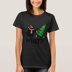 Funny Black Cat Pushing Christmas Tree Over Cat Wh T-Shirt