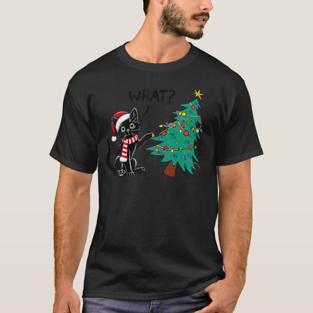 Funny Black Cat Pushing Christmas Tree Over Cat Wh T-Shirt (Front)