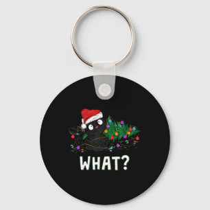 Funny Black Cat Pushing Christmas Tree Over Graphi Keychain