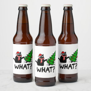 Funny Black Cat Pushing Christmas Tree Pet Lover Beer Bottle Label