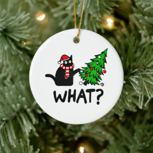 Funny Black Cat Pushing Christmas Tree Pet Lover Ceramic Ornament