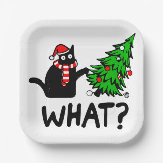 Funny Black Cat Pushing Christmas Tree Pet Lover Paper Plate