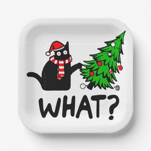 Funny Black Cat Pushing Christmas Tree Pet Lover Paper Plate (Front)