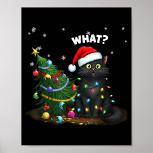 Funny Black Cat Pushing Christmas Tree  Poster