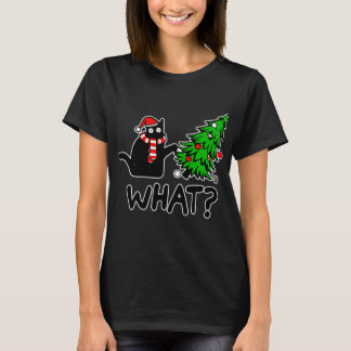 Funny Black Cat Pushing Christmas Tree T-Shirt