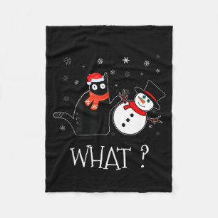 Funny Black Cat Pushing Snowman Christmas Winter C Fleece Blanket