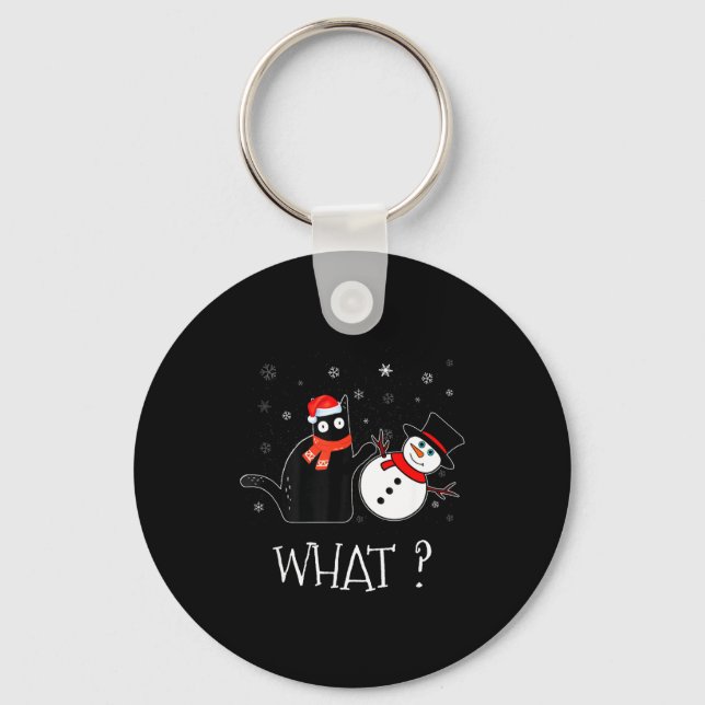 Funny Black Cat Pushing Snowman Christmas Winter C Keychain (Front)