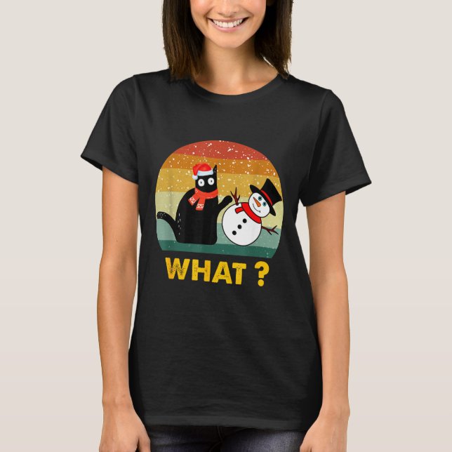 Funny Black Cat Pushing Snowman Xmas Winter Costum T-Shirt (Front)
