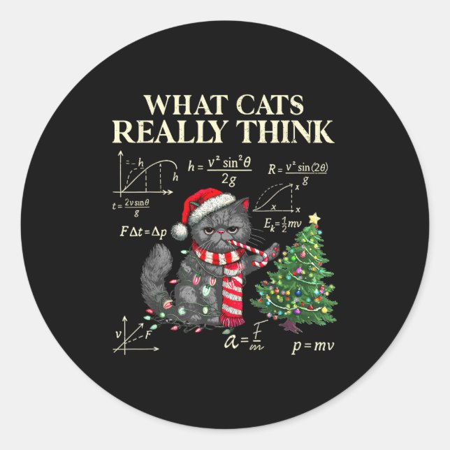 Funny Black Cat Pushing Xmas Tree Over Cats Physic Classic Round Sticker (Front)