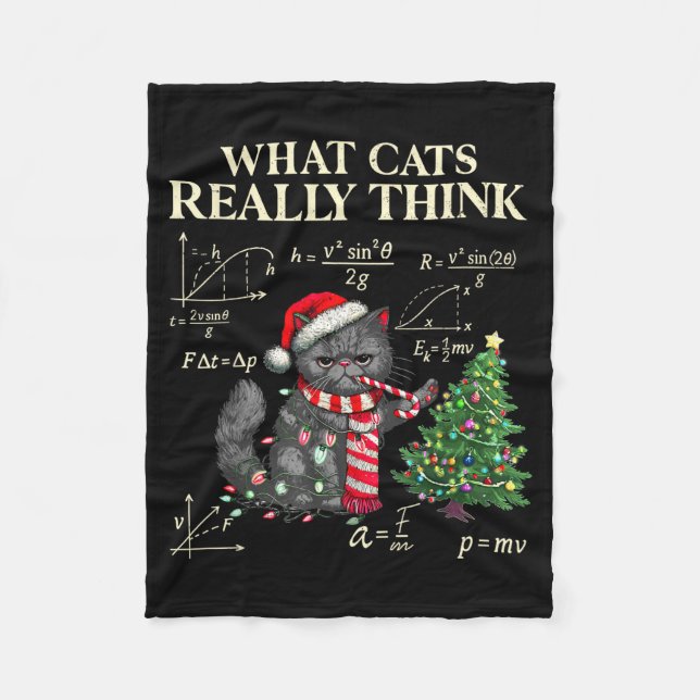 Funny Black Cat Pushing Xmas Tree Over Cats Physic Fleece Blanket (Front)
