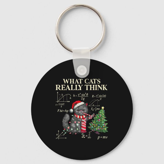 Funny Black Cat Pushing Xmas Tree Over Cats Physic Keychain (Front)