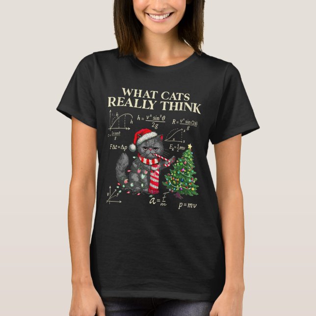 Funny Black Cat Pushing Xmas Tree Over Cats Physic T-Shirt (Front)