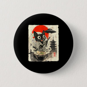 Funny Black Cat Ramen Alien Ufo Abduction Japanese 2 Inch Round Button